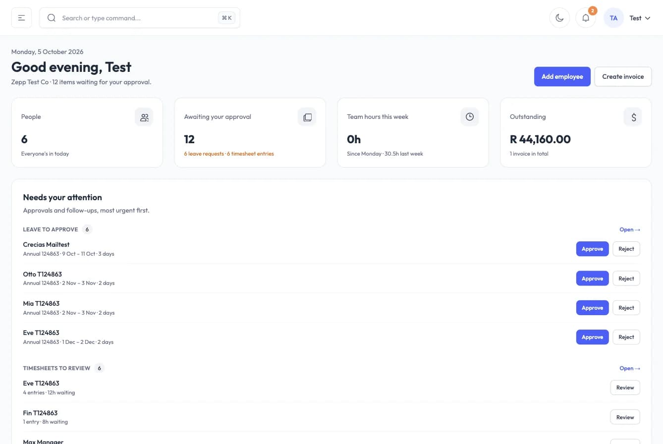 Easybaer portal dashboard with approvals waiting
