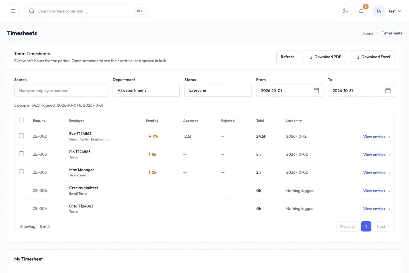 Team timesheets with filters, bulk approval and PDF and Excel export