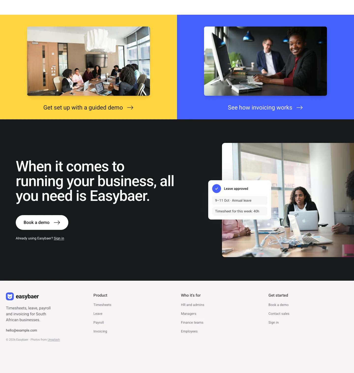 Easybaer website closing call to action and footer