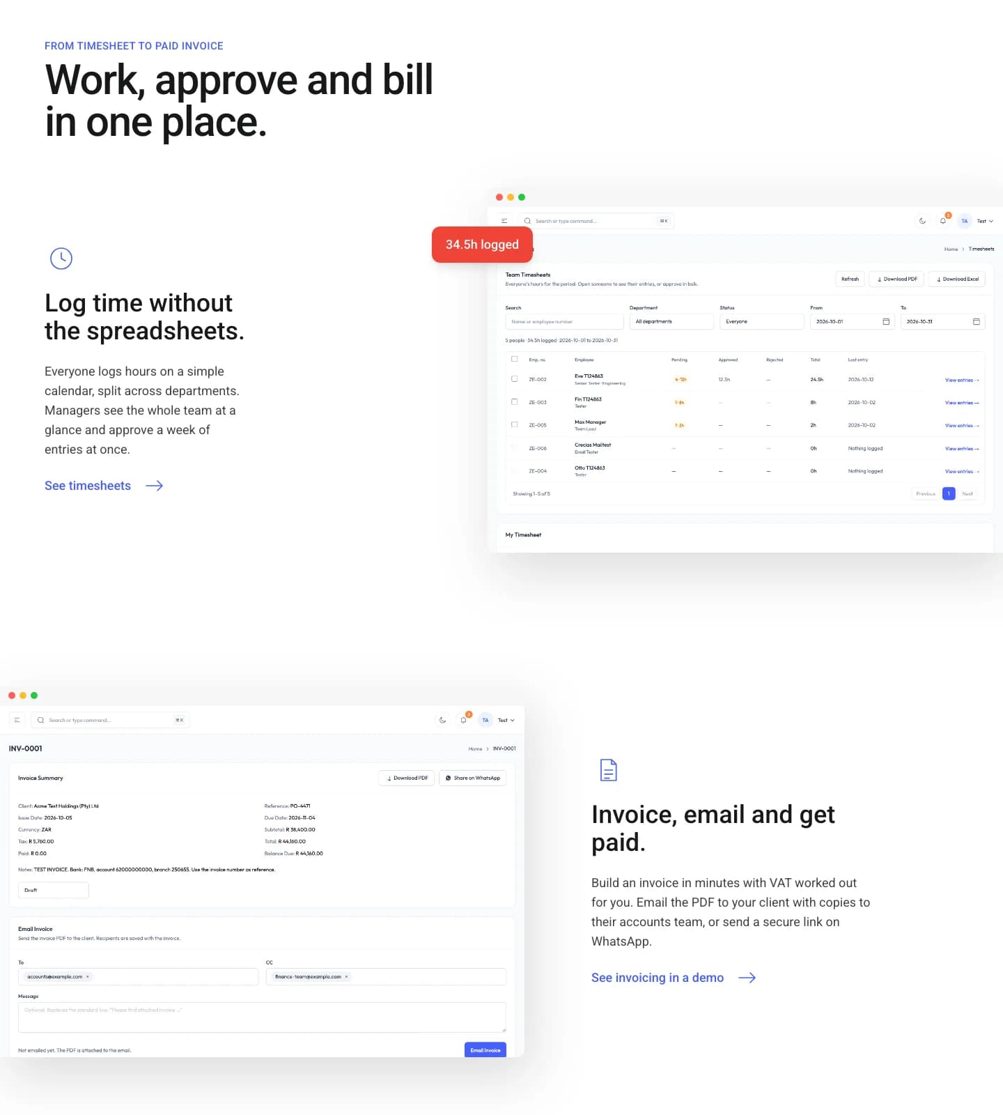 From timesheet to paid invoice: product walkthrough sections